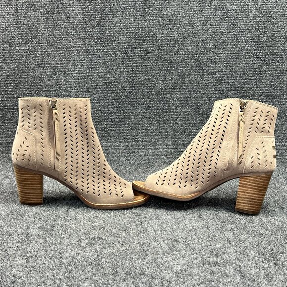 Toms Majorca Peep Toe Booties Womens 7.5 Taupe Suede Perforated Leaf Ankle Boots - Picture 7 of 13